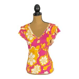 Maeve Anthropologie Floral V-Neck Flutter Sleeve Top Women’s Medium Pink Yellow